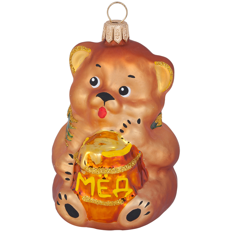 Елочное украшение стеклянное "Мишка с медом" 7,8см, подарочная упаковка