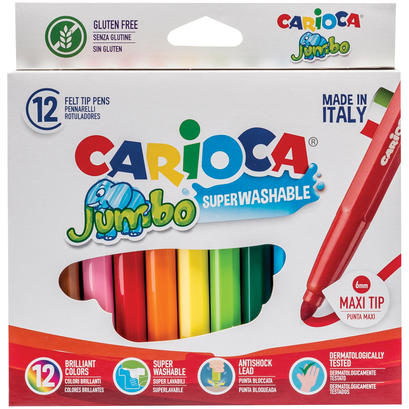 Фломастеры Carioca "Jumbo", 12цв., утолщенные, смываемые, картон, европодвес