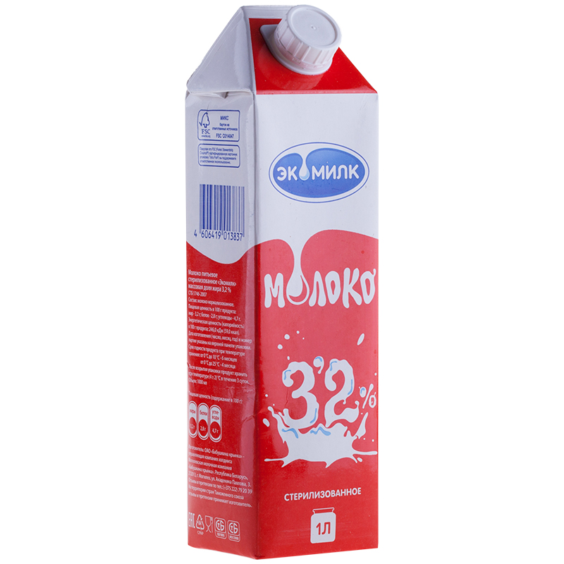 Молоко Экомилк стерилизованное, 3,2%, 1л, картонная коробка
