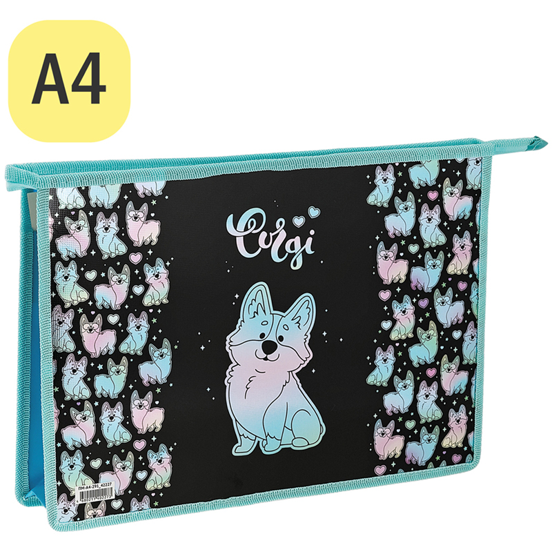 Папка для тетрадей 1 отделение, А4, ArtSpace "Corgi", ламинированный картон, фольга, на молнии