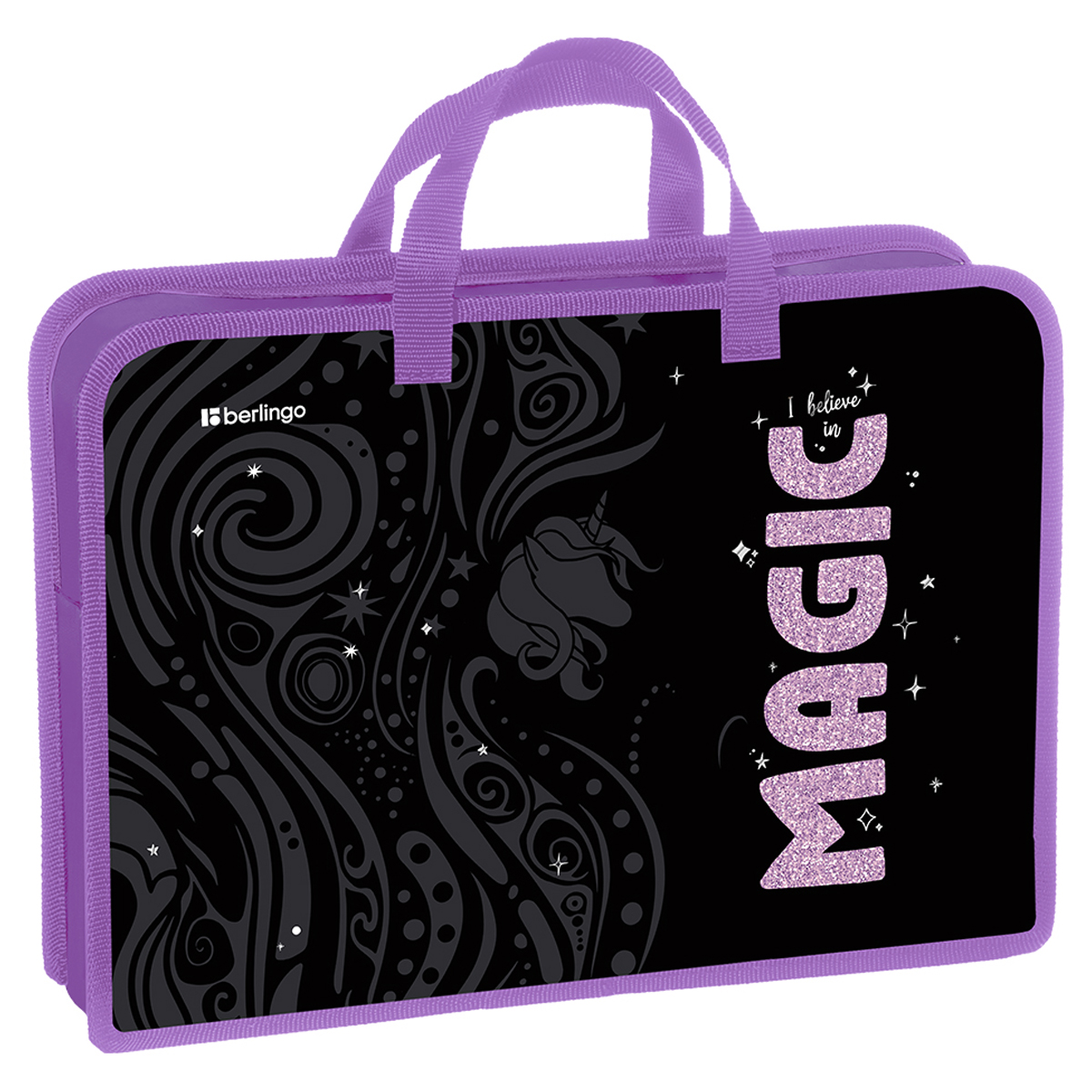 Папка с ручками 1 отделение, А4 Berlingo "Purple Magic", 340*245*75мм, пластик, на молнии