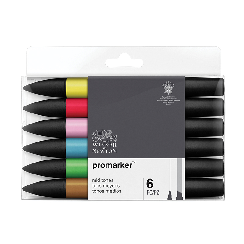 Набор художественных маркеров двухсторонних Winsor&Newton "Pro", 06цв., основный оттенки, пулевидный/скошенный, 2мм/7мм