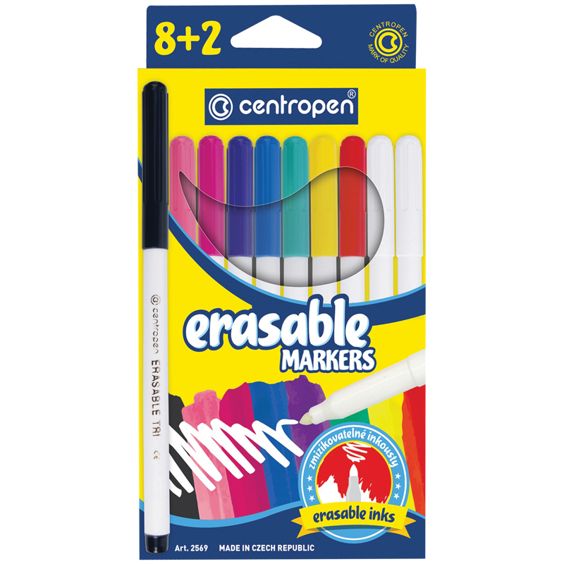 Фломастеры стираемые Centropen "Erasable", 08цв.+2 стирателя, 10шт., смываемые, картон, европодвес