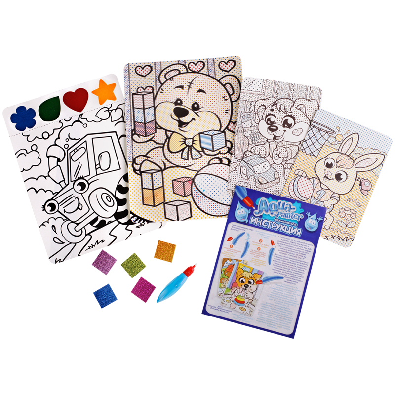 Набор для творчества Danko toys "Aqua painter. Медвежонок", волшебная кисточка, блестки разноцветные, 5 наклеек