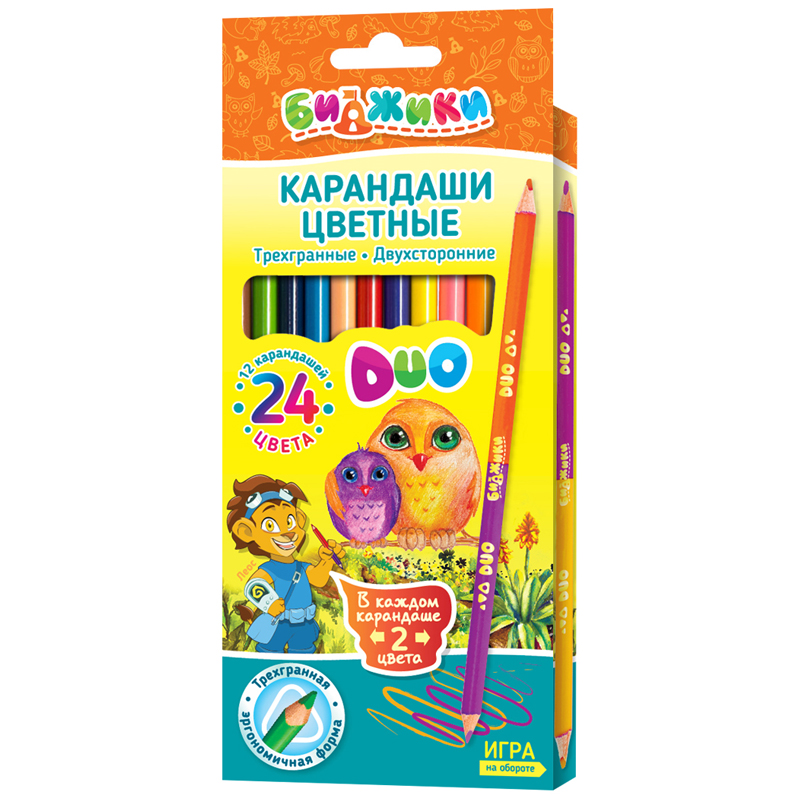 Карандаши цветные двусторонние Биджики, 24цв., 12шт., трехгран., заточ., 3мм, цветная коробка с европодвесом