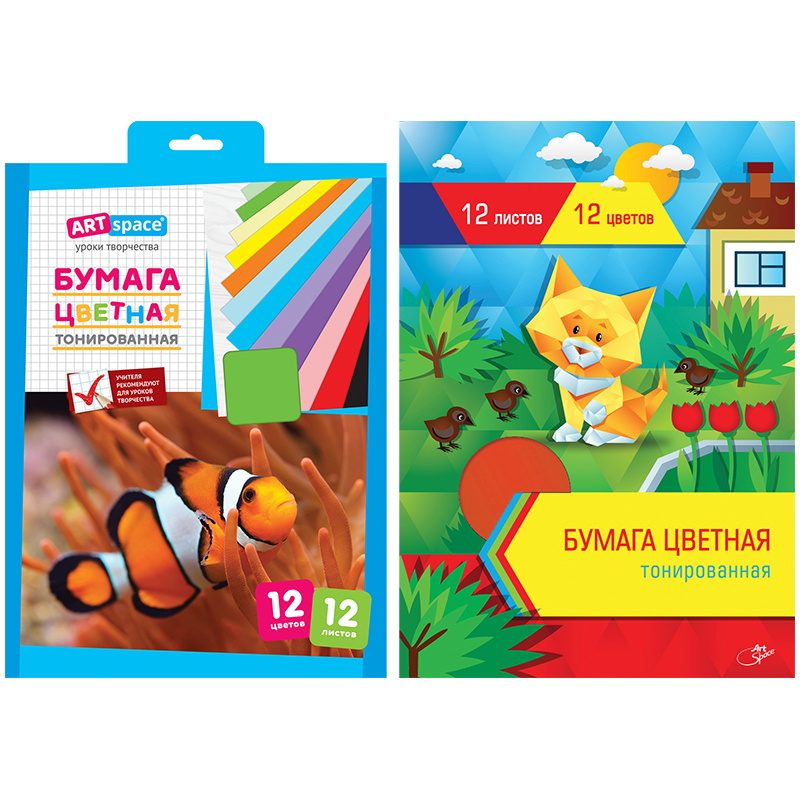 Цветная бумага A4, ArtSpace, 12л., 12цв., тонированная, в папке с европодвесом