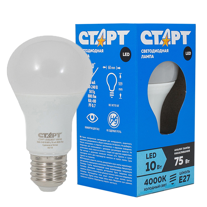 Лампа светодиодная Старт LED, серия "Стандарт" 10W40, тип А "груша", Е27,4000К,холодный свет, 30000ч