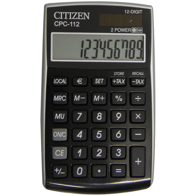 Калькулятор карманный Citizen CPC-112BK, 12 разр., двойное питание, 72*120*9мм, черный