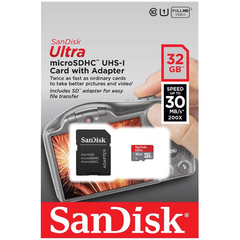 Карта памяти MicroSDHC 32GB Class 10 SanDisk (адаптер SD)