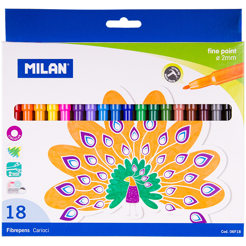 Фломастеры Milan, 18цв., смываемые, картон, европодвес