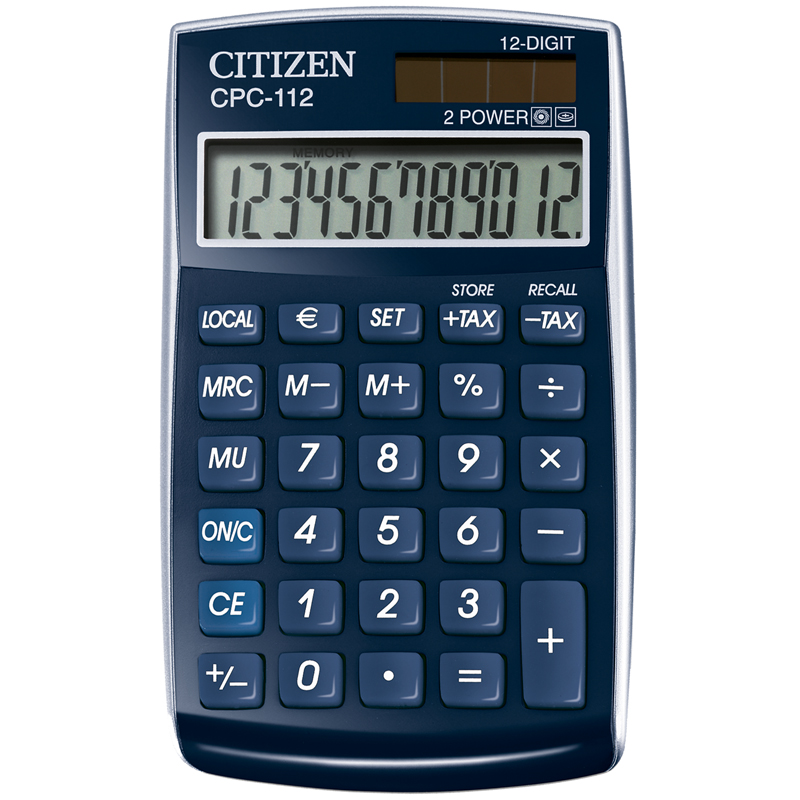 Калькулятор карманный Citizen CPC-112BL, 12 разр., двойное питание, 72*120*9мм, синий