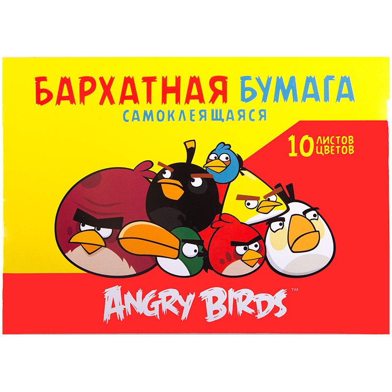 Бархатная бумага самоклеящаяся A5, Hatber "Angry Birds", 10л., 10цв., в папке с европодвесом