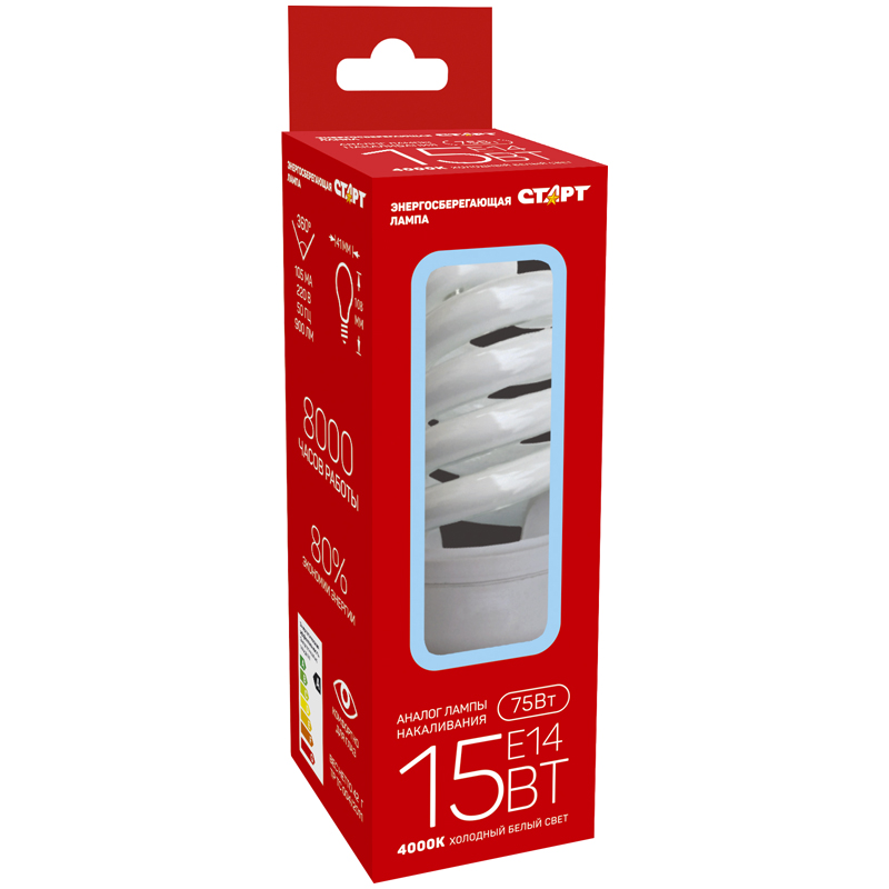 Лампа энергосберегающая Старт E 15W, SPC E14, 4000K 8Y, холодный свет