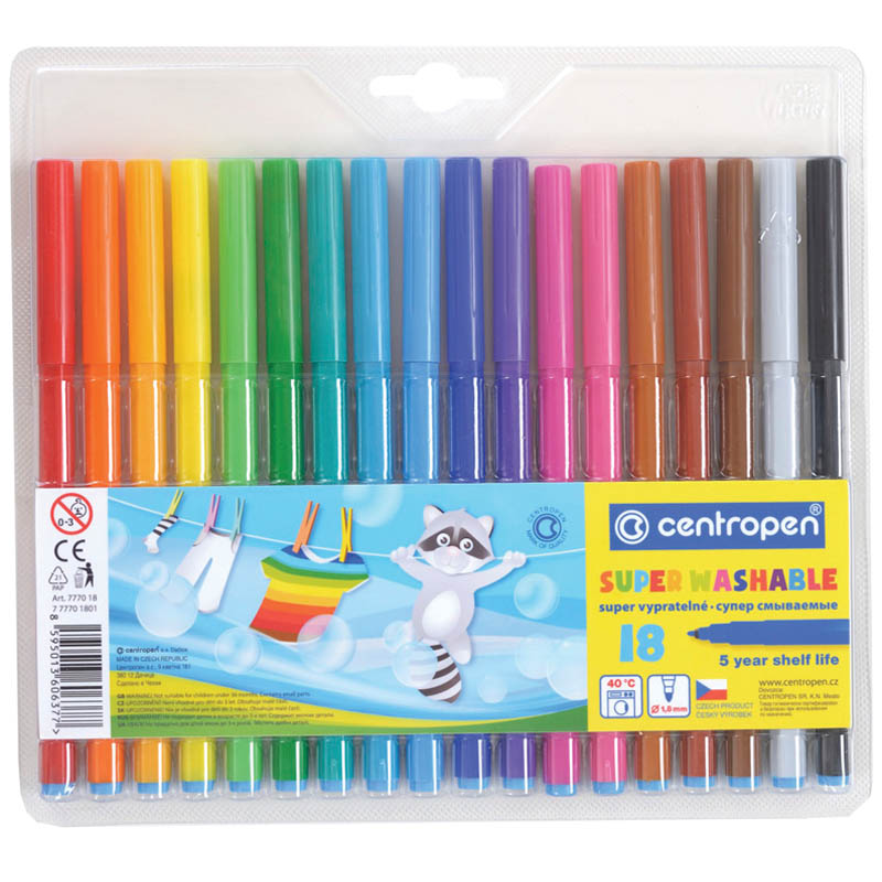 Фломастеры Centropen "Super Washable", 18цв., смываемые, блистер