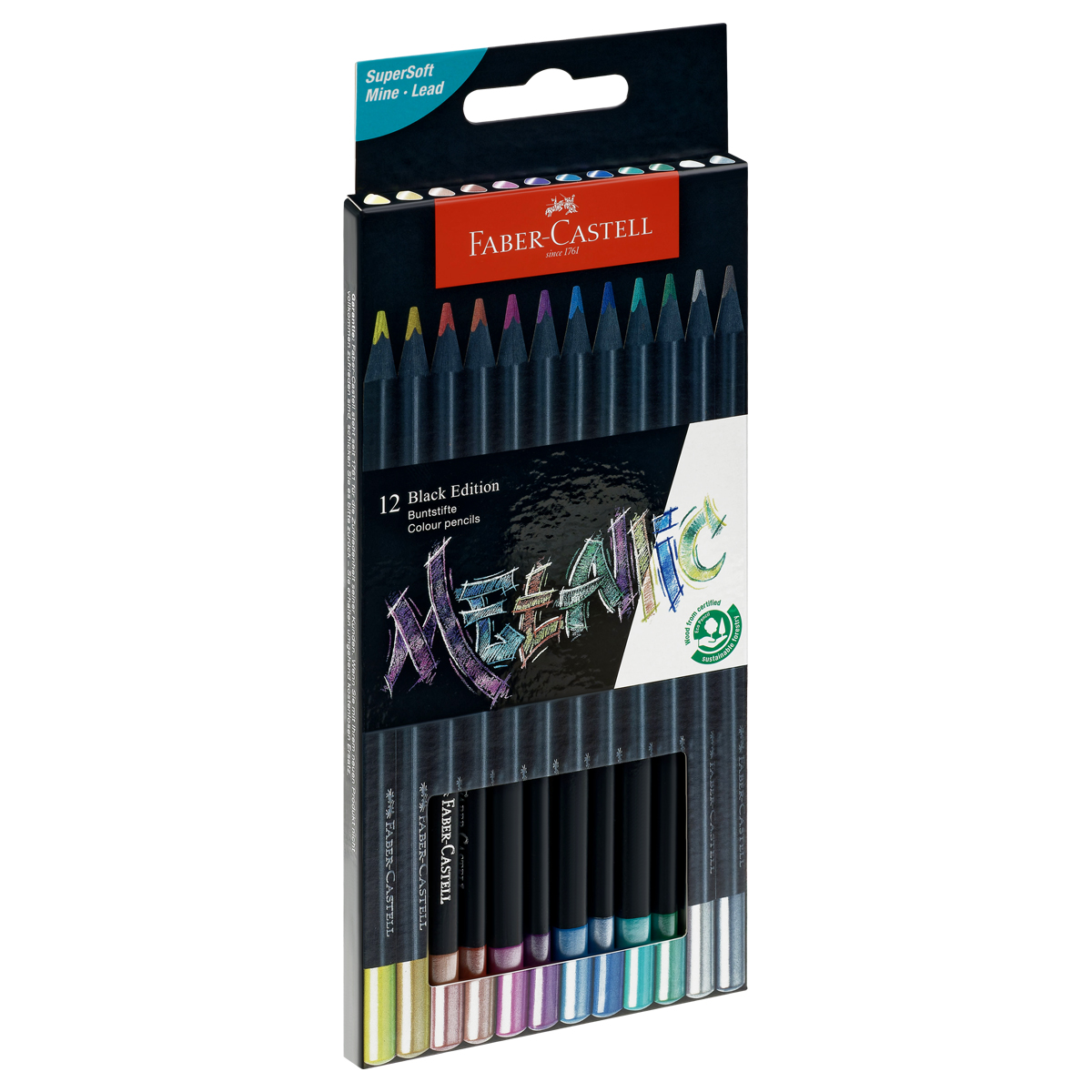 УЦЕНКА - Карандаши цветные Faber-Castell "Black Edition", 12цв., металлик, трехгран., черное дерево, заточен., картон. (осн 375097)