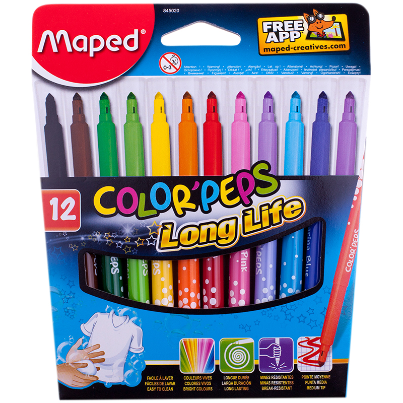 Фломастеры Maped "Long Life", 12цв, трехгранные, картон, европодвес
