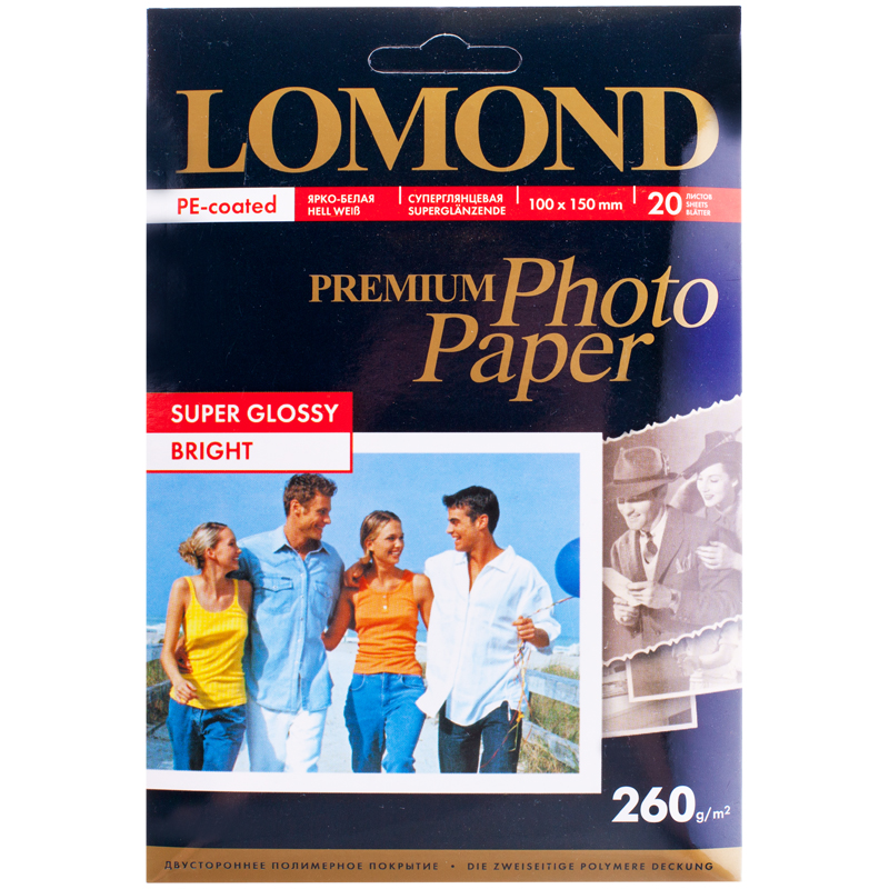 Бумага A6 (100*150) для стр. принтеров Lomond, 260г/м2 (20л) супергл.