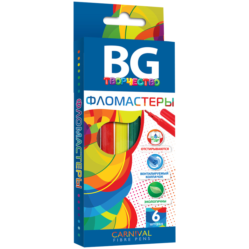 Фломастеры BG "Carnival" 6цв., круглые, 2,2мм, ПВХ, европодвес