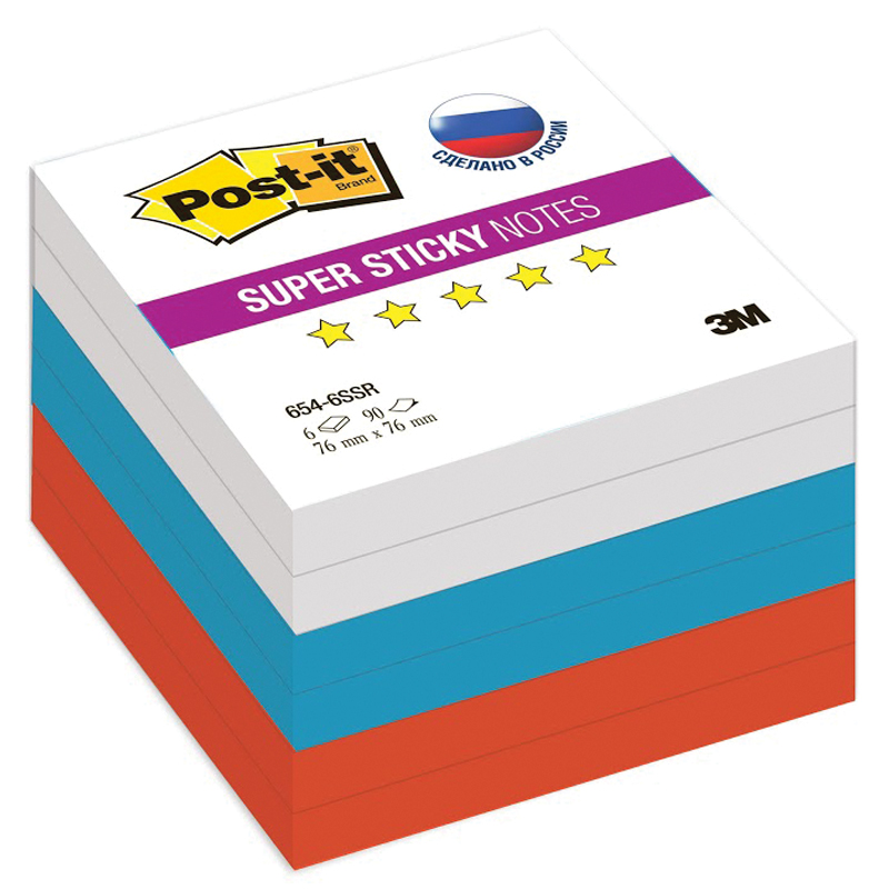 Самоклеящийся блок Post-it "Super Sticky. Триколор", 76*76мм, 3 цвета, 6 блоков*90л