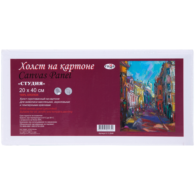 Холст на картоне Гамма "Студия" 20*40см, 100% хлопок, среднее зерно