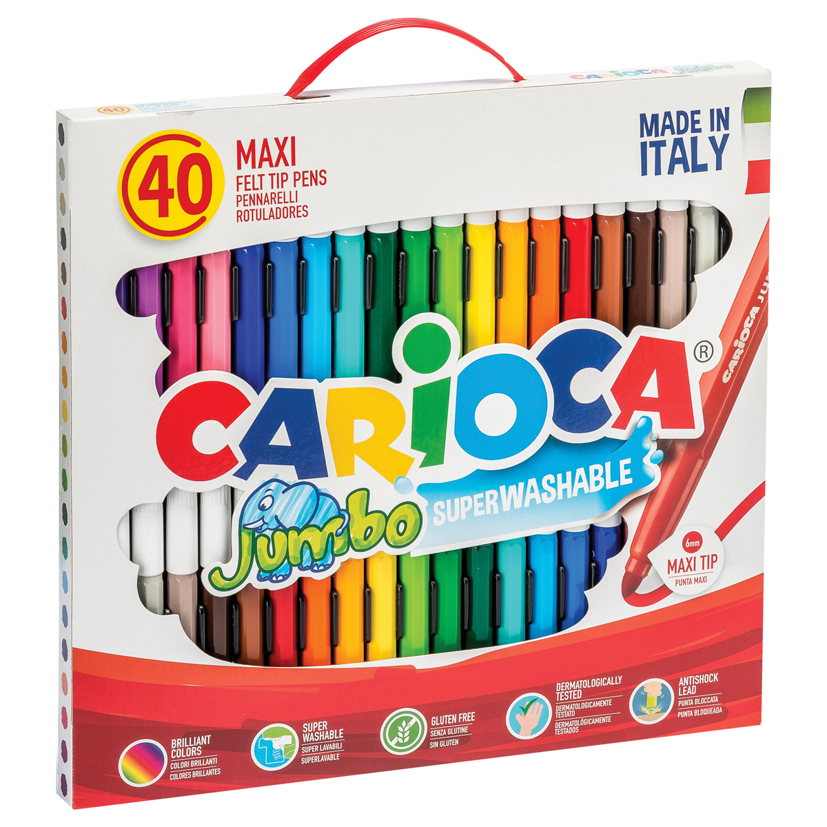 Фломастеры Carioca "Jumbo", 40шт., 36цв., утолщенные, смываемые, картон, с ручкой