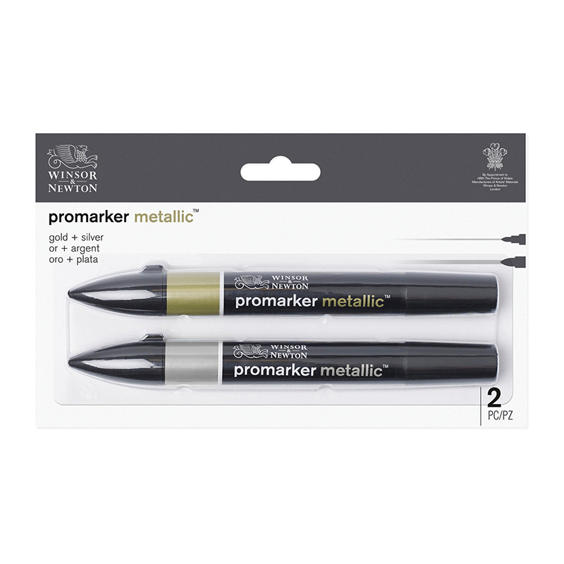 Маркер художественный двухсторонний Winsor&Newton "Promarker metallic", 2шт., пулевидный/утолщенный, 2мм/7мм, цв. золото + серебро