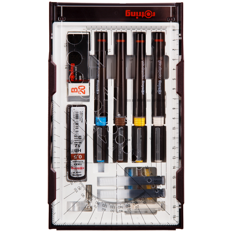 УЦЕНКА-Набор рапидографов Rotring 0,25/0,35/0,5/0,7мм, грифели, ластик, насадка для циркуля
