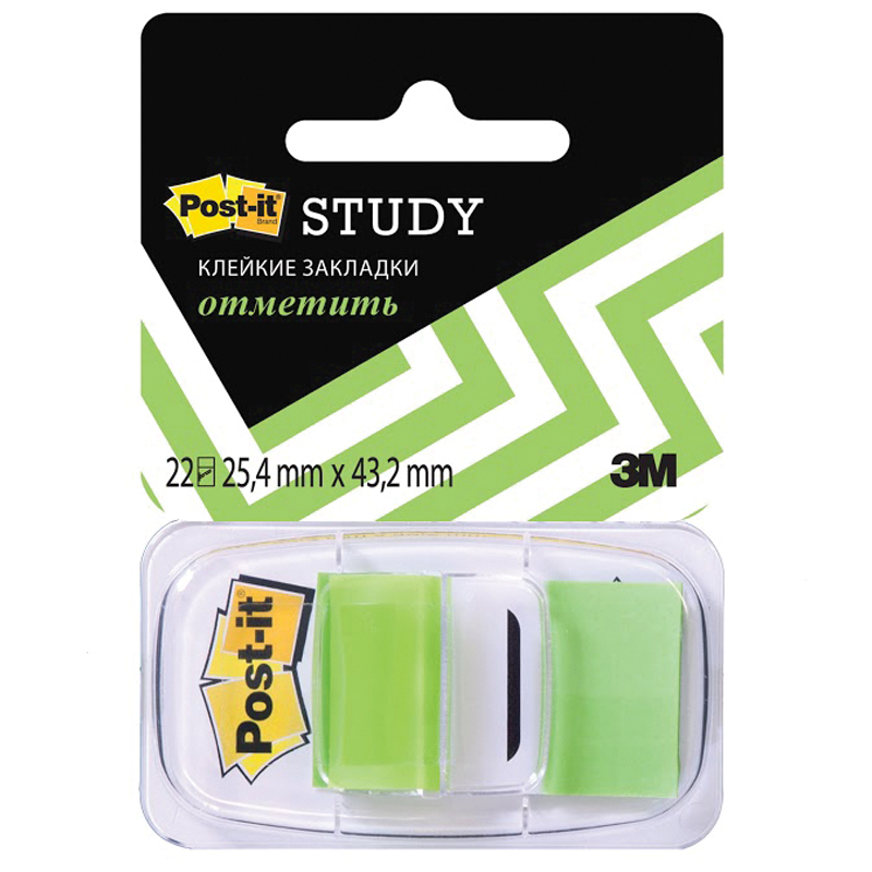 Флажки-закладки Post-it "Study", 25*43мм, 22л, зеленые, блистер