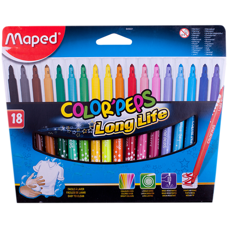 Фломастеры Maped "Long Life", 18цв., трехгранные, смываемые, картон, европодвес