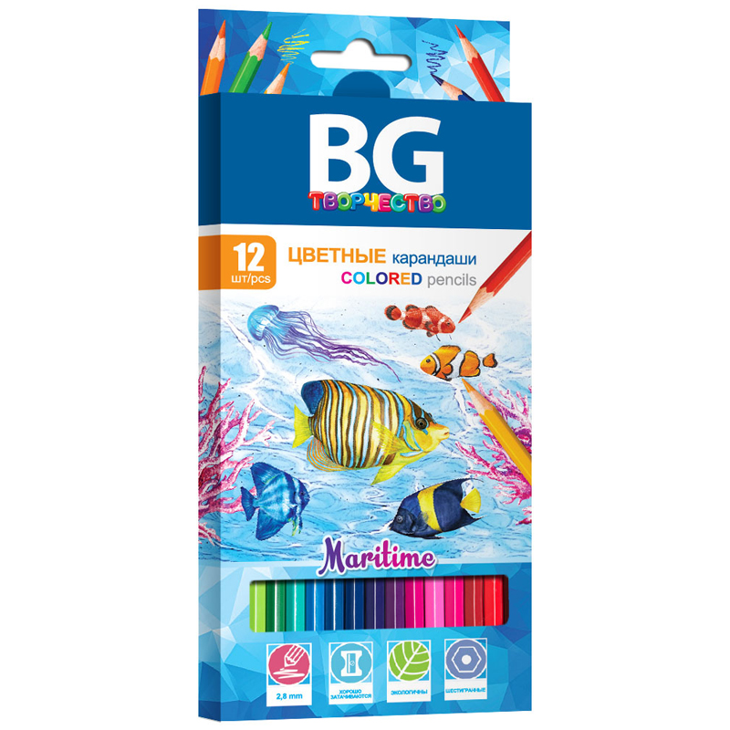Карандаши цветные BG "Maritime", 12цв., шестигранные, пластиковые, 2,8мм, европодвес