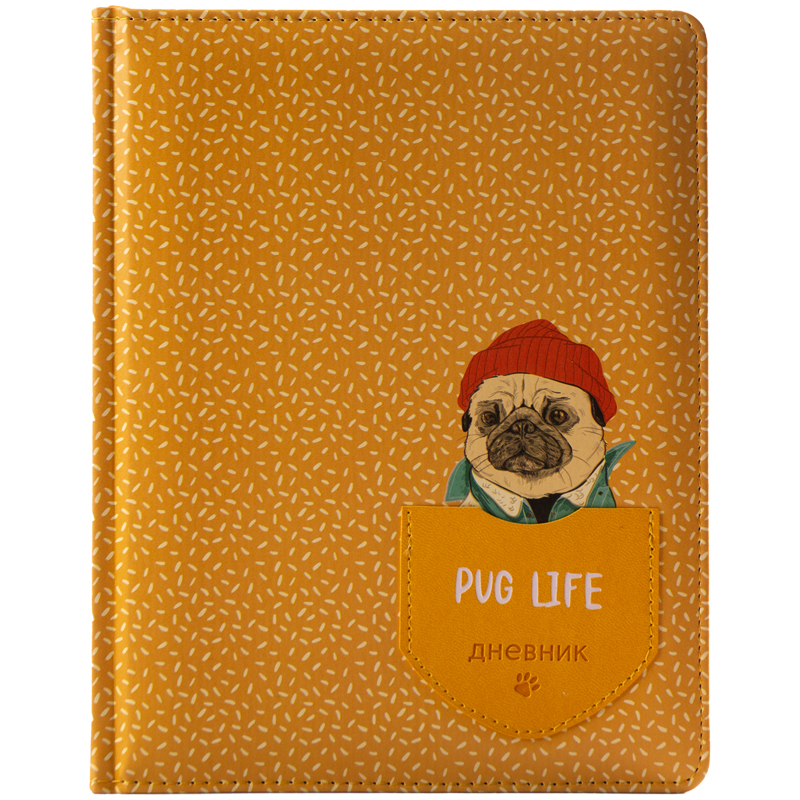 Дневник 1-11 кл. 48л. (твердый) Greenwich Line "Pug life", иск. кожа, тон. блок, аппликация, тиснение, ляссе