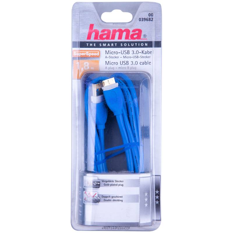 Кабель USB 3.0 A-micro B (m-m), 1.8 м, позолоченные контакты, экранированный, 5 Гбит/с,не совместим
