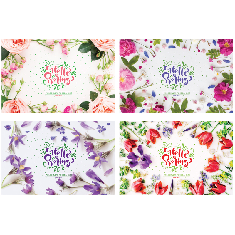 Альбом для рисования 08л., А4, на скрепке BG "Hello spring", ассорти