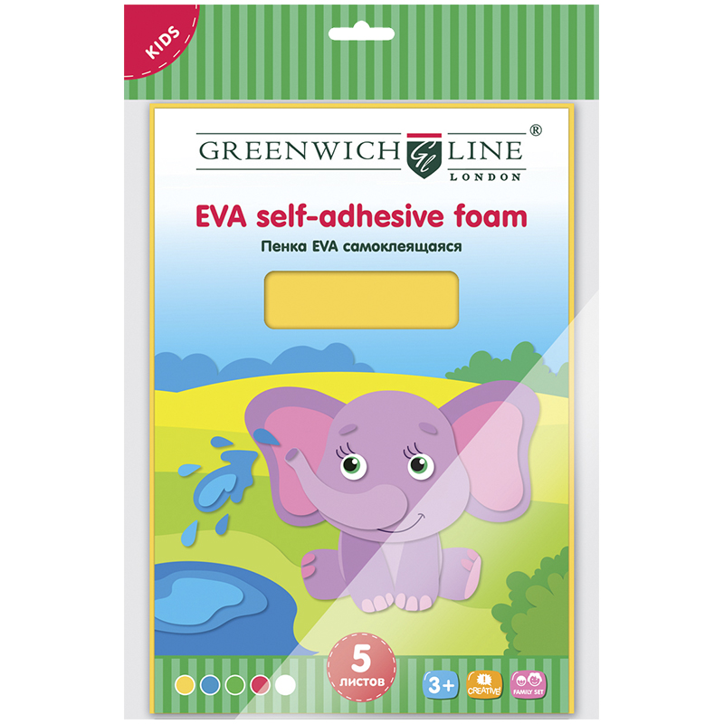 Цветной мягкий пластик "Пенка EVA" Greenwich Line, А4 5л., 5цв., самоклеящаяся, в пакете с европодв.