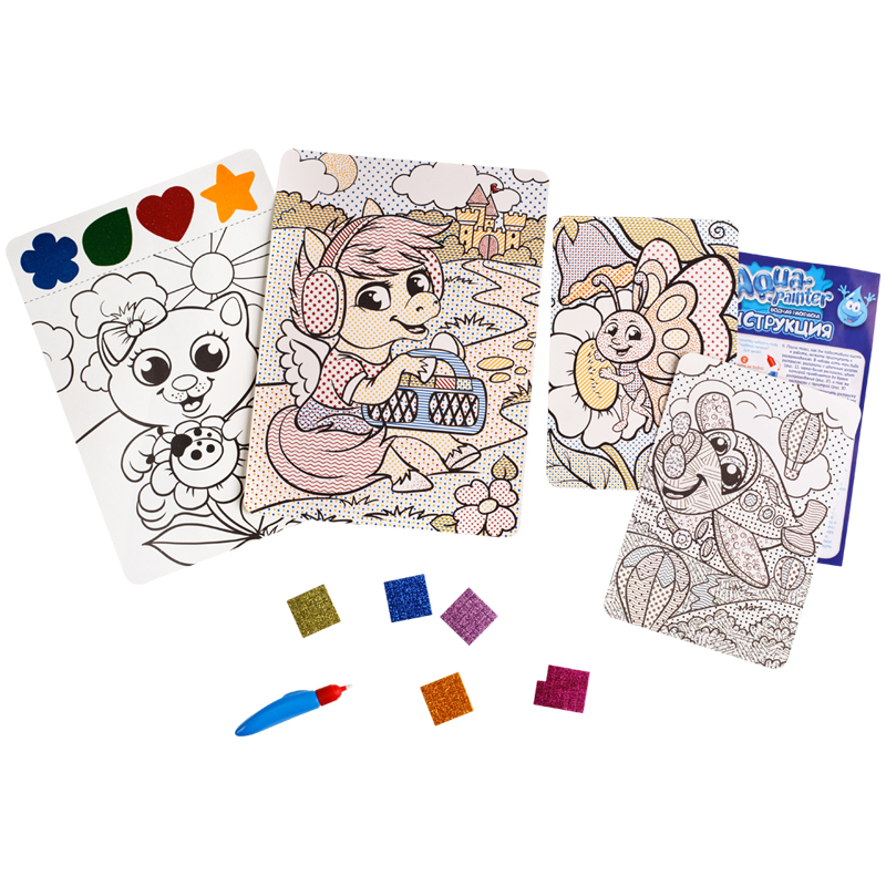 Набор для творчества Danko toys "Aqua painter. Лошадка", волшебная кисточка,  блестки разноцветные, 5 наклеек
