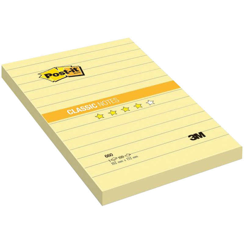 Самоклеящийся блок Post-it Classic 102*152, 100л, канареечный желтый линованый