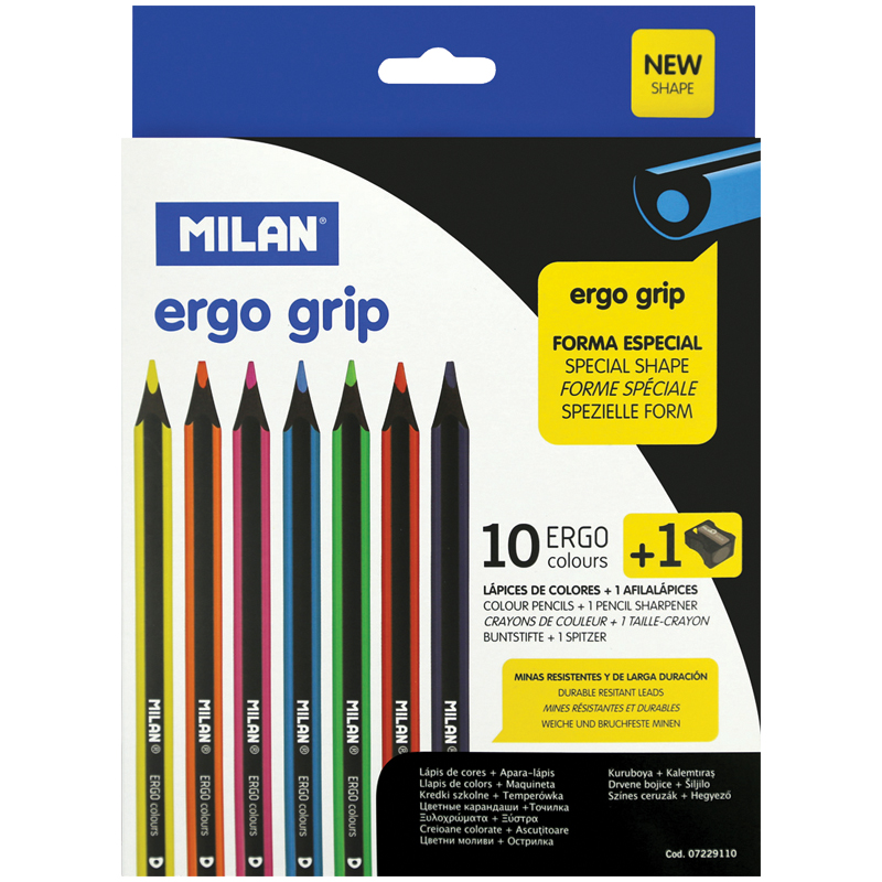 Карандаши цветные пластиковые Milan "Ergo Grip" 10цв.,утолщ.,трехгр. заточ.,картон,европ.,с точилкой