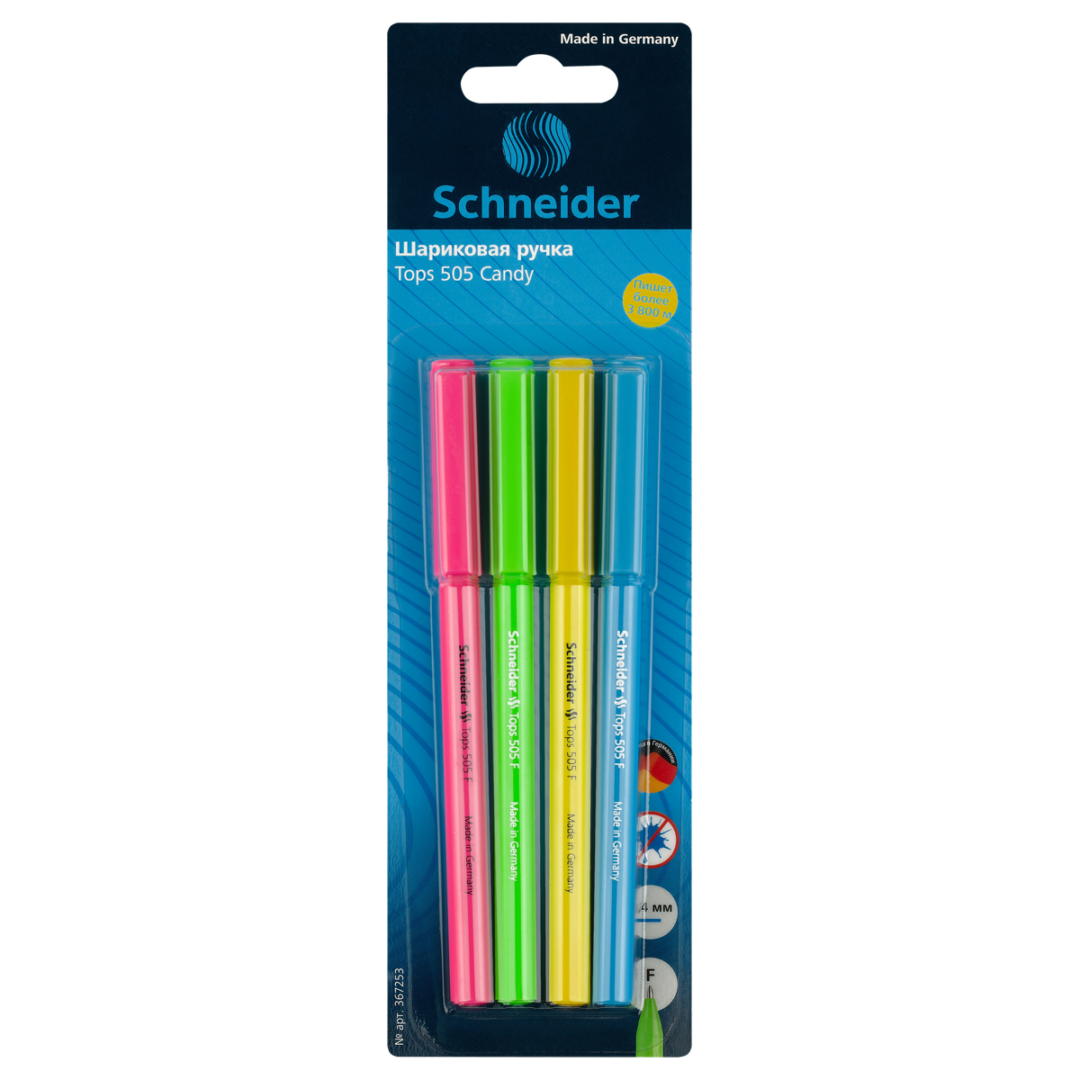 Ручка шариковая Schneider "Tops 505 F Candy" 4шт., синие, 0,8мм, корпус неон ассорти, блистер