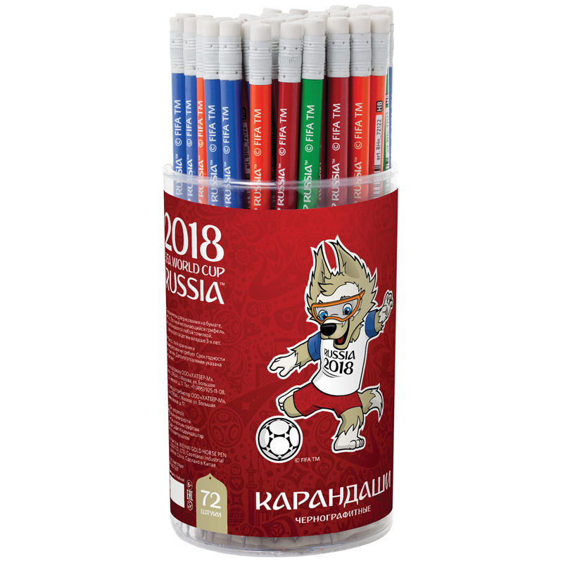 Карандаш ч/г Hatber "ЧМ по футболу 2018", HB, круглый, заточен, с ластиком, ассорти, пласт. туба