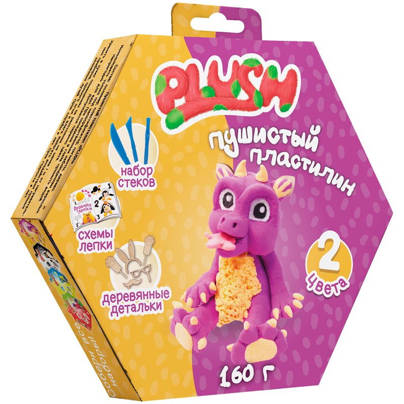 Набор для лепки: пушистый пластилин "Plush" 2цв.*80г (фиолетовый, оранжевый), дерев. детали, стеки