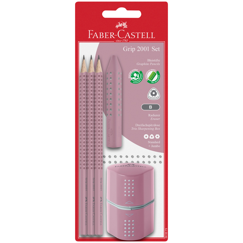 Набор карандашей ч/г Faber-Castell "Grip 2001" 3шт., В, трехран., заточен., ластик, точилка, дымчато-розовый, блистер