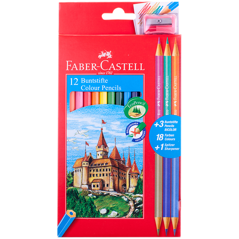 Карандаши Faber-Castell "Eco", 18цв, (12+3 двусторонних), заточен., картон, европодвес