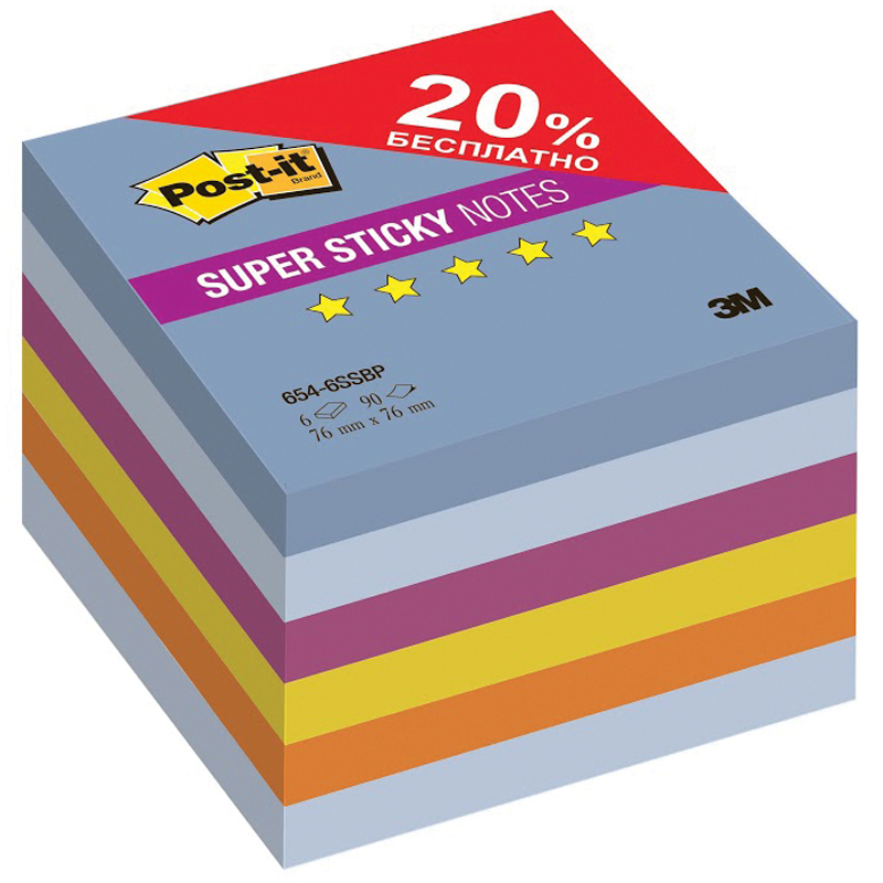 Самоклеящийся блок Post-it "Super Sticky. Воздух Плюс", 76*76мм, 5 цветов, 6 блоков*90л