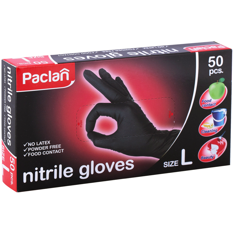 Перчатки нитриловые Paclan "Practi", L, черные, 50шт., картон. коробка