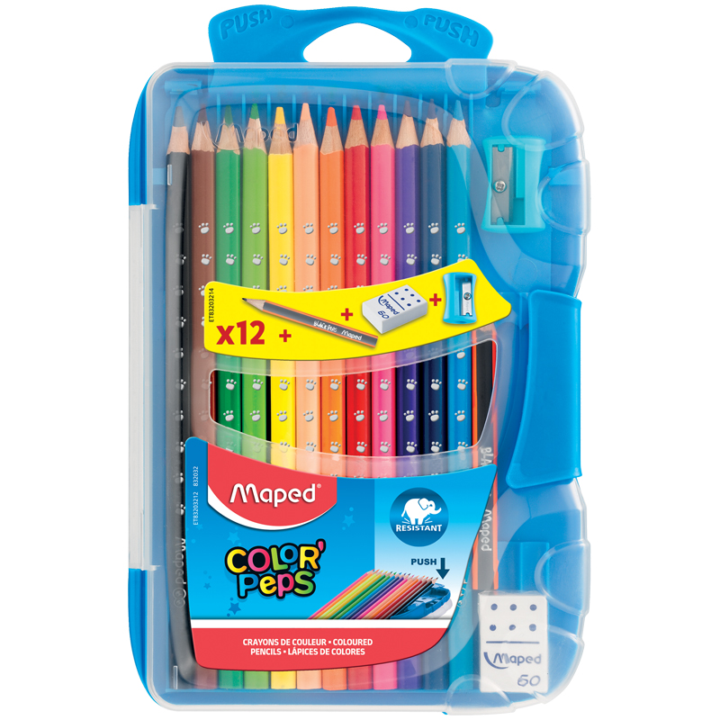 Карандаши цветные Maped "Color Peps", 12цв+1мини ч/г, трехгран., заточен.,пласт.пенал+точилка,ластик