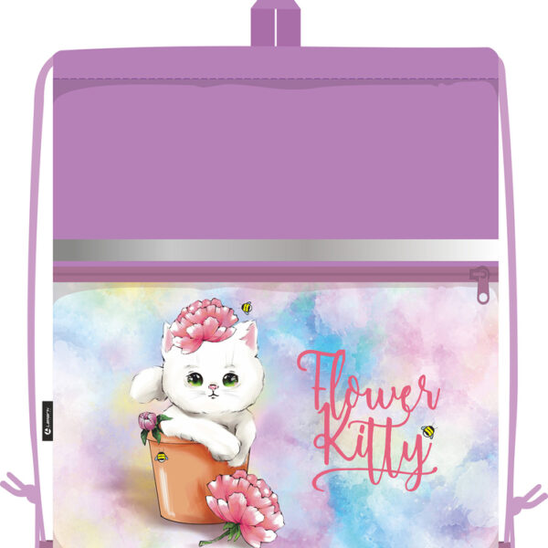 Сумка для сменной обуви Lamark Flower Kitty/Котёнок с цветком, 41х48 см, на шнурке, карман на молнии, полноцв. печать на кармане, светоотр. лента, ручка-петля