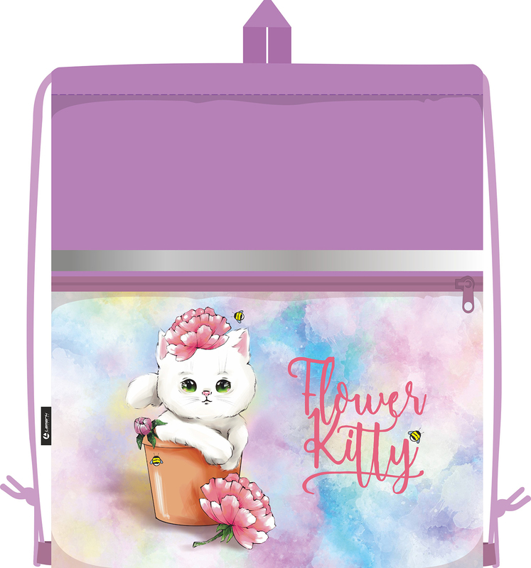 Сумка для сменной обуви Lamark Flower Kitty/Котёнок с цветком, 41х48 см, на шнурке, карман на молнии, полноцв. печать на кармане, светоотр. лента, ручка-петля