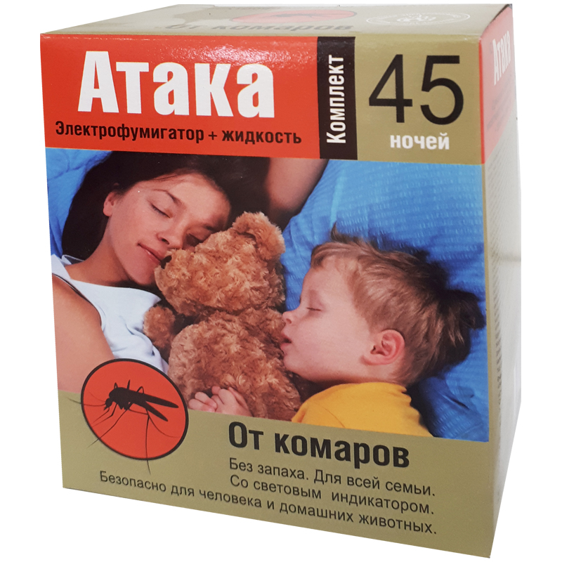 Фумигатор + жидкость от комаров Атака, 45 ночей, 30мл, картонная коробка