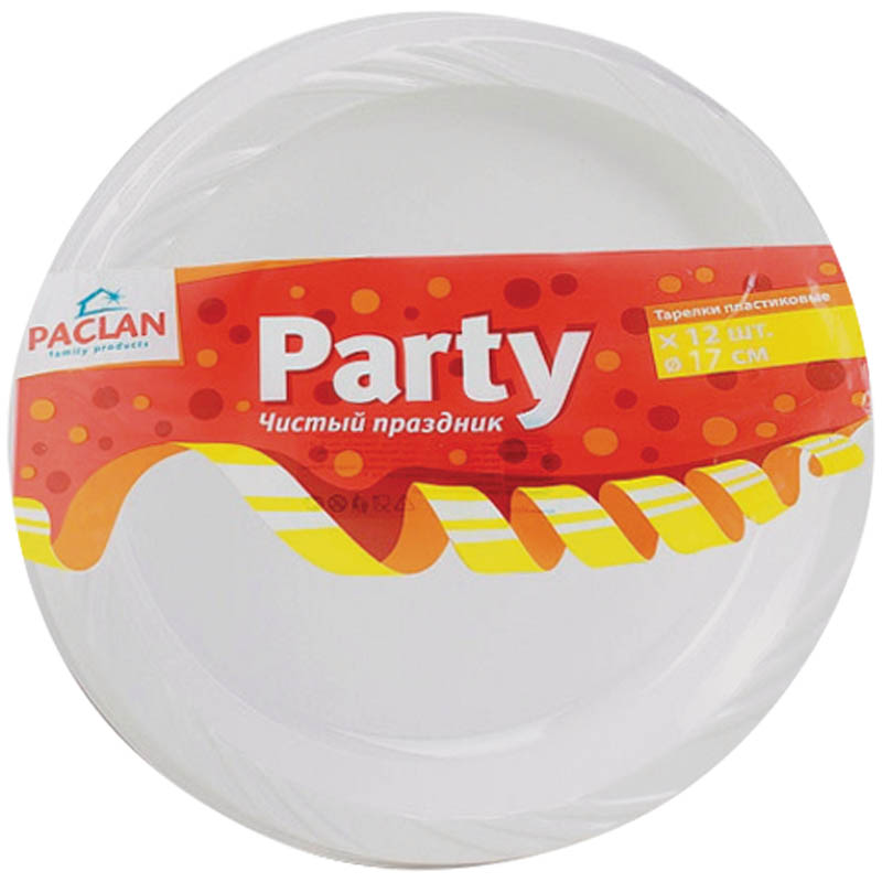 Тарелки одноразовые Paclan "Party", ПС, белые, 17см, уп. 12шт.