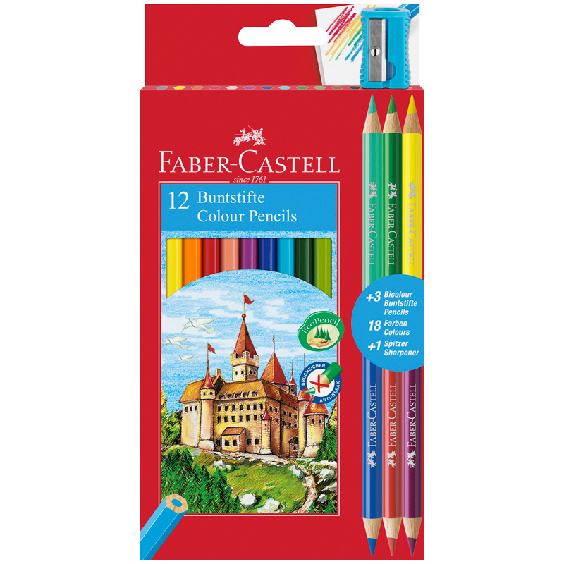 Карандаши цветные Faber-Castell "Замок", 18цв., 12+3шт., заточен., картон, европодвес, с точилкой